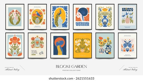 Plantilla de carteles florales Abstractas. Moderno estilo minimalista Matisse de moda. Colores rosa y azul. Diseño dibujado a mano para el Fondo de pantalla, decoración de la pared, impresión, postal, cubierta, Plantilla, Anuncio. 