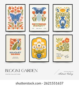 Abstract floral posters template. Modern trendy Matisse minimal style. Pink and blue colors. Hand drawn design for wallpaper, wall decor, print, postcard, cover, template, banner. 