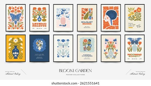 Plantilla de carteles florales Abstractas. Moderno estilo minimalista Matisse de moda. Colores rosa y azul. Diseño dibujado a mano para el Fondo de pantalla, decoración de la pared, impresión, postal, cubierta, Plantilla, Anuncio. 