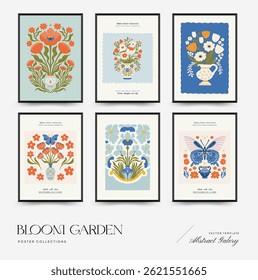 Abstract floral posters template. Modern trendy Matisse minimal style. Pink and blue colors. Hand drawn design for wallpaper, wall decor, print, postcard, cover, template, banner. 