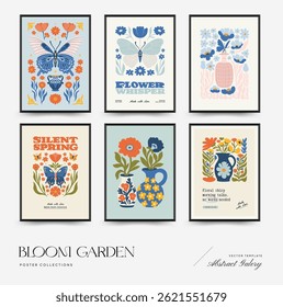 Abstract floral posters template. Modern trendy Matisse minimal style. Pink and blue colors. Hand drawn design for wallpaper, wall decor, print, postcard, cover, template, banner. 