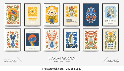 Abstract floral posters template. Modern trendy Matisse minimal style. Pink and blue colors. Hand drawn design for wallpaper, wall decor, print, postcard, cover, template, banner. 