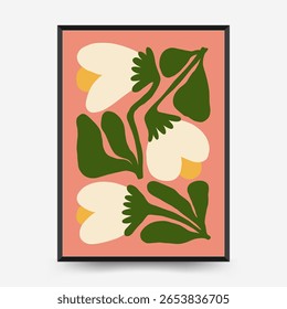 Abstract floral posters template. Modern trendy Matisse minimal style. Pink and blue colors. Hand drawn design for wallpaper, wall decor, print, postcard, cover, template, banner. 