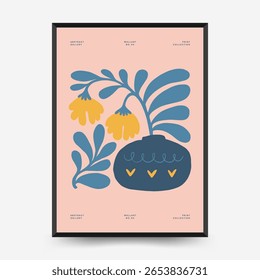 Modelo de cartazes florais abstratos. Moderna moda Matisse estilo mínimo. Cor rosa e azul. Desenho desenhado à mão para papel de parede, decoração de parede, impressão, cartão postal, capa, modelo, banner. 
