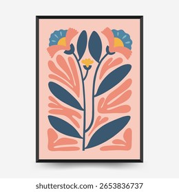 Modelo de cartazes florais abstratos. Moderna moda Matisse estilo mínimo. Cor rosa e azul. Desenho desenhado à mão para papel de parede, decoração de parede, impressão, cartão postal, capa, modelo, banner. 