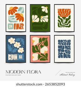 Modelo de cartazes florais abstratos. Moderna moda Matisse estilo mínimo. Cor rosa e azul. Desenho desenhado à mão para papel de parede, decoração de parede, impressão, cartão postal, capa, modelo, banner. 