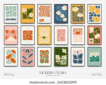 Abstract floral posters template. Modern trendy Matisse minimal style. Pink and blue colors. Hand drawn design for wallpaper, wall decor, print, postcard, cover, template, banner. 