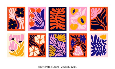 Abstract floral posters in vintage retro style. Aesthetic elements of botany, fruits, leaves, in the style of Matisse. Minimalistic decorative card, banner, poster, poster