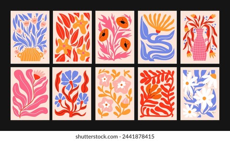 Abstract floral posters in vintage retro style. Aesthetic elements of botany, fruits, leaves, in the style of Matisse. Minimalistic decorative card, banner, poster