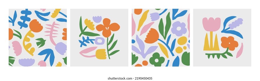 Abstract floral print illustration set. Creative contemporary art flower collage collection of seamless pattern and poster design. Vintage organic hand drawn nature doodle, simple spring cartoon.