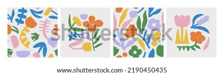 Abstract floral print illustration set. Creative contemporary art flower collage collection of seamless pattern and poster design. Vintage organic hand drawn nature doodle, simple spring cartoon.