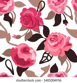 Abstract floral print with large roses. Seamless vector pattern with summer flowers. Retro textile collection. On white background.