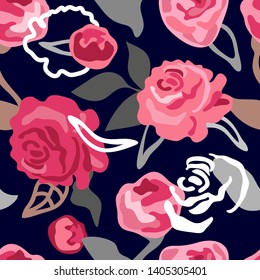 Abstract floral print with large roses. Seamless vector pattern with summer flowers. Retro textile collection. On black background.