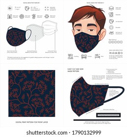 Abstract, Floral Print, Navy, Light, Dark, Flower, Background Pattern Seamless Design for Face Mask, Pillow, Print, Fashion, Clothing, Fabric, Mockup Template Protective Face Mask Seamless Vector