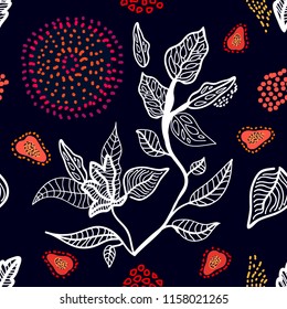Abstract floral print. Seamless vector pattern with linear leaves, papaya fruits and dotted circles. Ethnic textile collection.