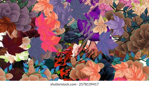 abstract floral psychedelic background stylization of colored chaotic stickers in the form of leaves..