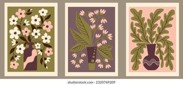 Abstract floral retro groovy graphic posters. Set of botanical flat vector composition. Suitable for posters,interior decoration, t shirt print, social media graphics, wall art, printout