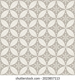 Abstract floral retro seamless pattern. Simple geometric spring flower and leaf pattern on grey background.