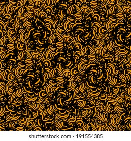 Abstract floral retro seamless patterns in black and gold. Flowers. Waves. Endless print texture - vector
