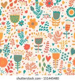 Abstract floral romantic background in bright colors. Seamless pattern can be used for wallpapers, pattern fills, web page backgrounds, surface textures. Gorgeous seamless floral background
