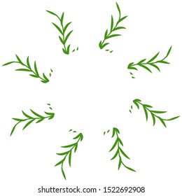 Marco redondo floral abstracto con hojas verdes sobre fondo blanco. Diseño de plantilla para páginas web, texturas, tarjetas, afiches, tela, textil. Dibujar a mano elementos de doodle.
