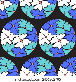 Abstract floral round seamless pattern isolated on black background. Flat hand drawn abstract bloom in bright colors. Unique retro print design for textile, wallpaper, interior, wrapping