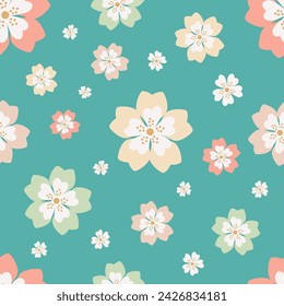 Abstract floral sakura seamless pattern. Cherry blossom, flowers hand drawing and green background. Spring sakura flower branches print design