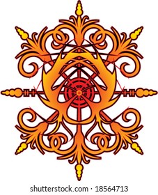 Abstract floral scroll tile design background vector illustration in orange red yellow black with outline