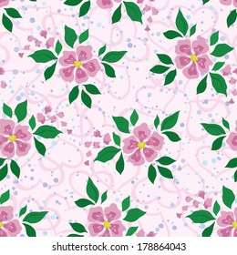 Abstract floral seamless background with pink flowers, green leaves, symbolical hearts and confetti. Vector