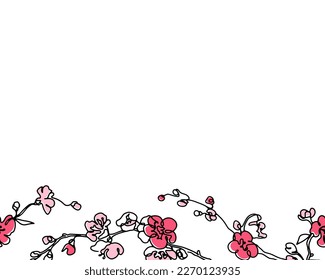 Abstract floral seamless border. Sring hand drawn outline design with modern pink cherry blooming branches on white background. ector illustration.
