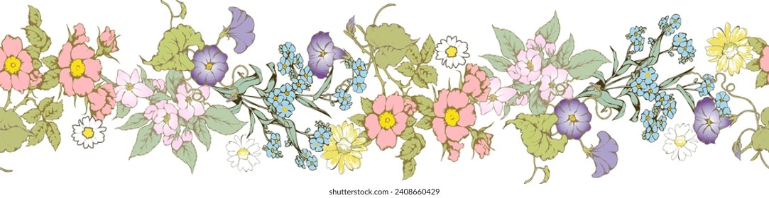 Abstract floral seamless border. In style rococo. Vector illustration. Suitable for fabric, wrapping paper and the like.