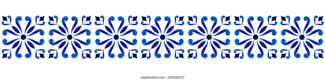 abstract floral seamless borders, Imitation of porcelain painting, blue and white ceramic decorative line design, vector illustration