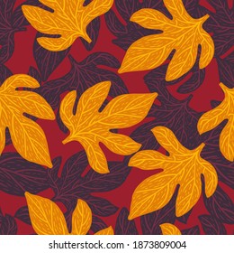 Abstract floral seamless doodle pattern with orange and purple colored random ornament. Autumn backdrop. Decorative backdrop for fabric design, textile print, wrapping, cover. Vector illustration
