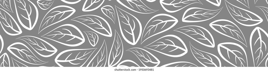 Abstract floral seamless horizontal border with outline white leaves on gray background. Vector illustration.