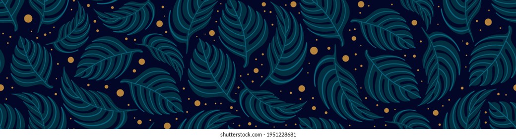 Resumen de borde horizontal sin costuras florales con hojas monsteras sobre fondo oscuro. Ilustración vectorial.