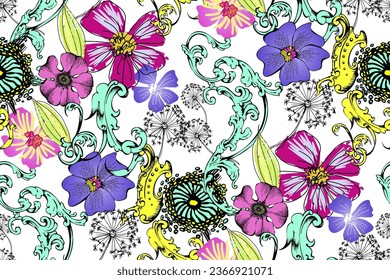 Abstract floral seamless pattern in 60s style. Suitable for fabric, wrapping paper and the like