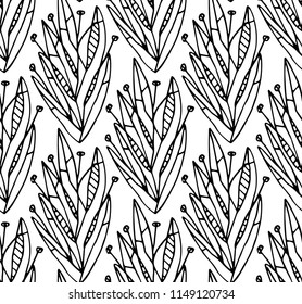 Abstract floral seamless pattern background. Hand-drawn shapes of leaves, flowers, plant parts composition
