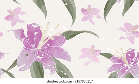 Abstract floral in seamless pattern background. Tropical purple flowers, blooms and leaves on wallpaper. Blossom fabric pattern with watercolor texture for banner, prints, packaging.