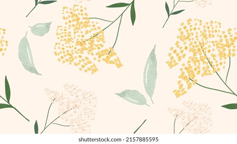 Abstract floral in seamless pattern background. Yellow flowers, wildflowers, blooms, leaves on yellow wallpaper. Blossom fabric pattern with watercolor texture for banner, prints, packaging.