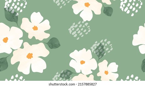 Abstract floral in seamless pattern background. White flowers, flower petals, blooms, leaves on green wallpaper. Blossom fabric pattern with watercolor texture for banner, prints, packaging.