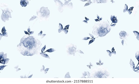 Abstract floral in seamless pattern background. Blue flowers, roses, leaves, butterfly, and blooms on yellow wallpaper. Blossom fabric pattern with watercolor texture for banner, prints, packaging.