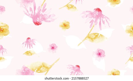 Abstract floral in seamless pattern background. Pink, yellow, gold flowers, leaves, and blooms on pink wallpaper. Blossom fabric pattern with watercolor texture for banner, prints, packaging.