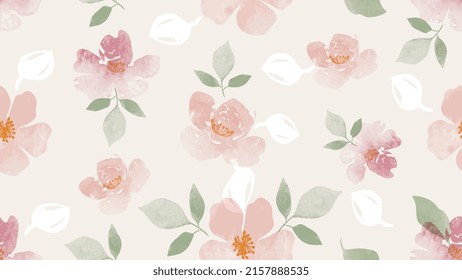 Abstract floral in seamless pattern background. Pink flowers, flower petals, blooms, leaves on pink wallpaper. Blossom fabric pattern with watercolor texture for banner, prints, packaging