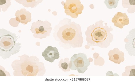 Abstract floral in seamless pattern background. Golden, yellow flowers, flower petals, blooms on wallpaper. Blossom fabric pattern with watercolor texture for banner, prints, packaging.