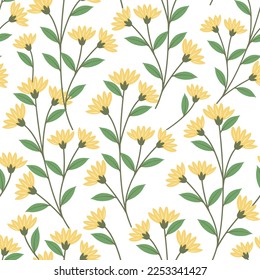 Abstrakter, floraler, nahtloser Musterhintergrund auf gelbem, floralem Hintergrund auf weißem Hintergrund.
Blumennaher Hintergrund für Modedrucke. 