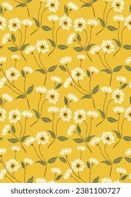 Resumen de fondo de patrón floral sin soldadura en amarillo. patrón de flores blancas perfecto para textiles, prendas de vestir, papel pintado, etc.vectorial patrón floral sin fisuras con flores de camomila.


