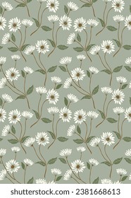 Abstract floral seamless pattern background in green. white flower pattern perfect for textiles, apparel, wallpaper etc.vector seamless floral pattern with chamomile flowers.

