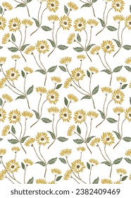 Abstract floral seamless pattern background in white. yellow flower pattern perfect for textiles, apparel, wallpaper etc.vector seamless floral pattern with chamomile flowers.

