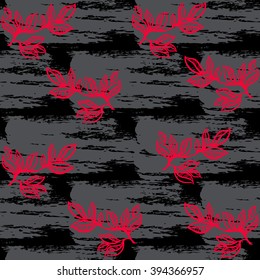 Abstract floral seamless pattern background with branches and leaves. Red leaves and black brush strokes on dark background. Packing or wrapping paper texture template. Vector illustration.