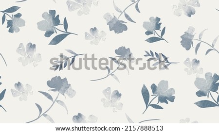 Abstract floral in seamless pattern background. Blue flowers, flower petals, blooms, leaves, leaf branches on wallpaper. Blossom fabric pattern with watercolor texture for banner, prints, packaging.